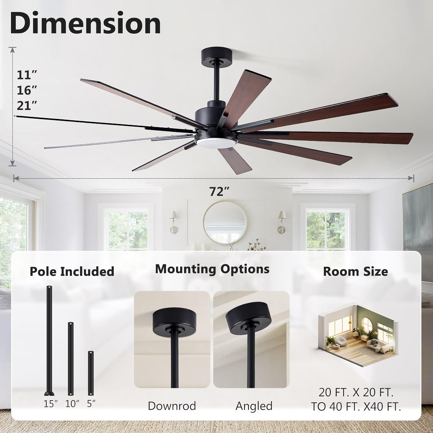 72 Inch Ceiling Fan with Lights, Large Outdoor Ceiling Fans, Modern Industrial Ceiling Fan 9 Blades for Great Room, Large Living Room Patio Farmhouse Damp Rated, Quiet Reversible DC Motor Dark Walnut